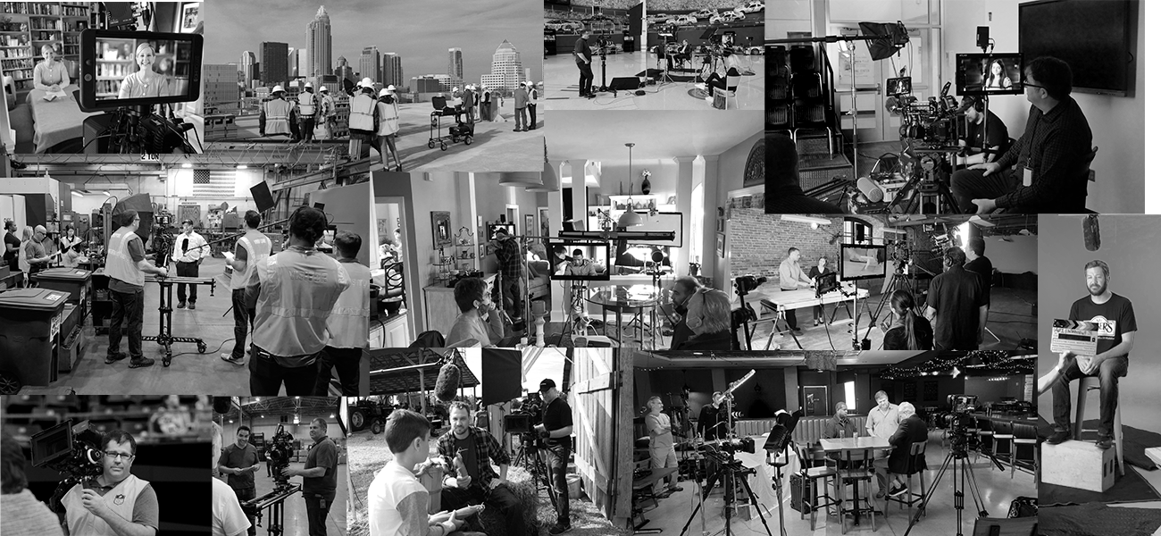 Collage of behind-the-scenes production photos from 26 Inch Productions shoots
